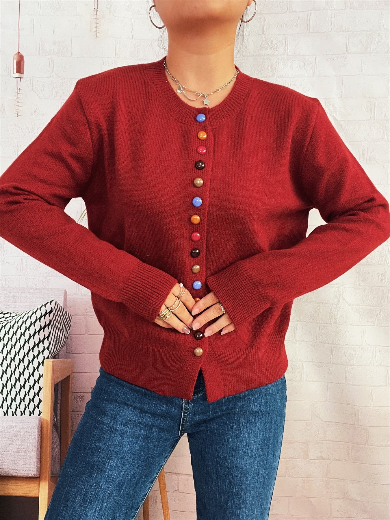 Simple Commute Color Button Single-breasted Knitted Cardigan Sweater Coat
