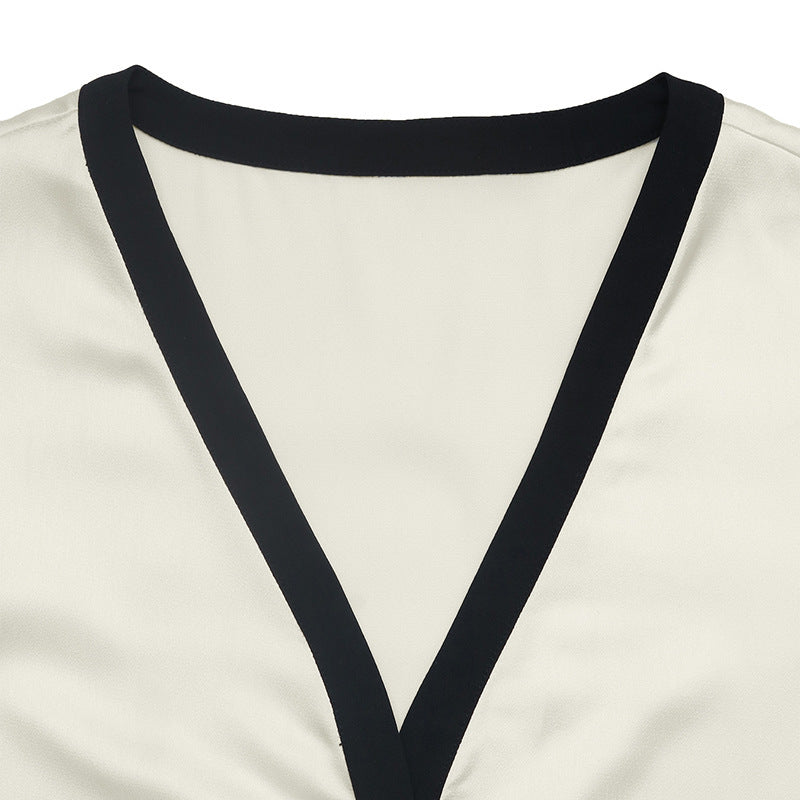 Pearl Button Deep V-neck Color-block Blouse for Elegant Style