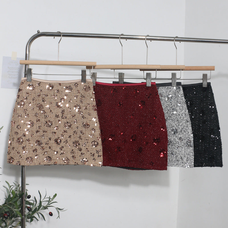 Sequined Red A-Line Skirt with High Waist Slimming Design