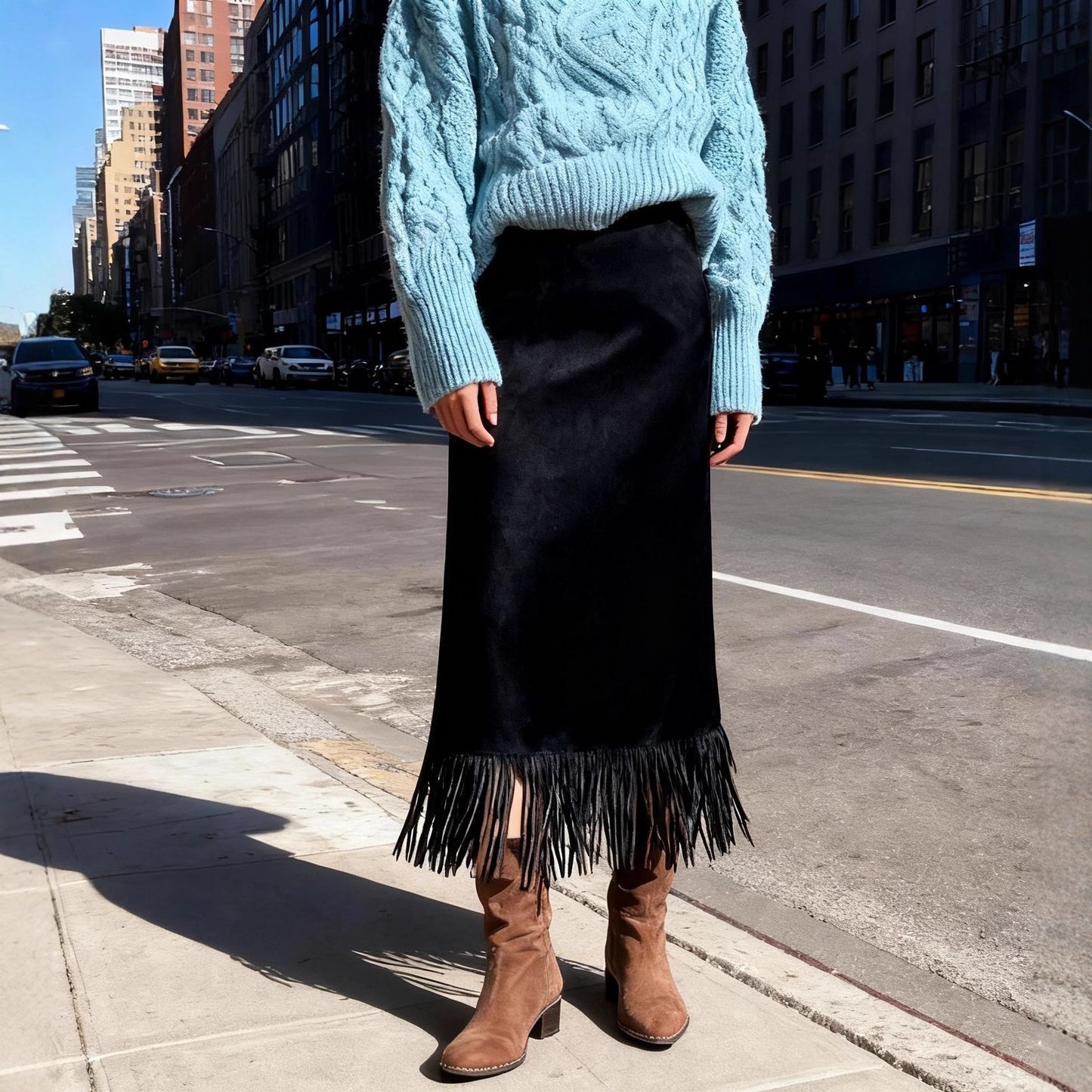 Suede Skirt with Tassel Detail for a Chic Mid-Length Look
