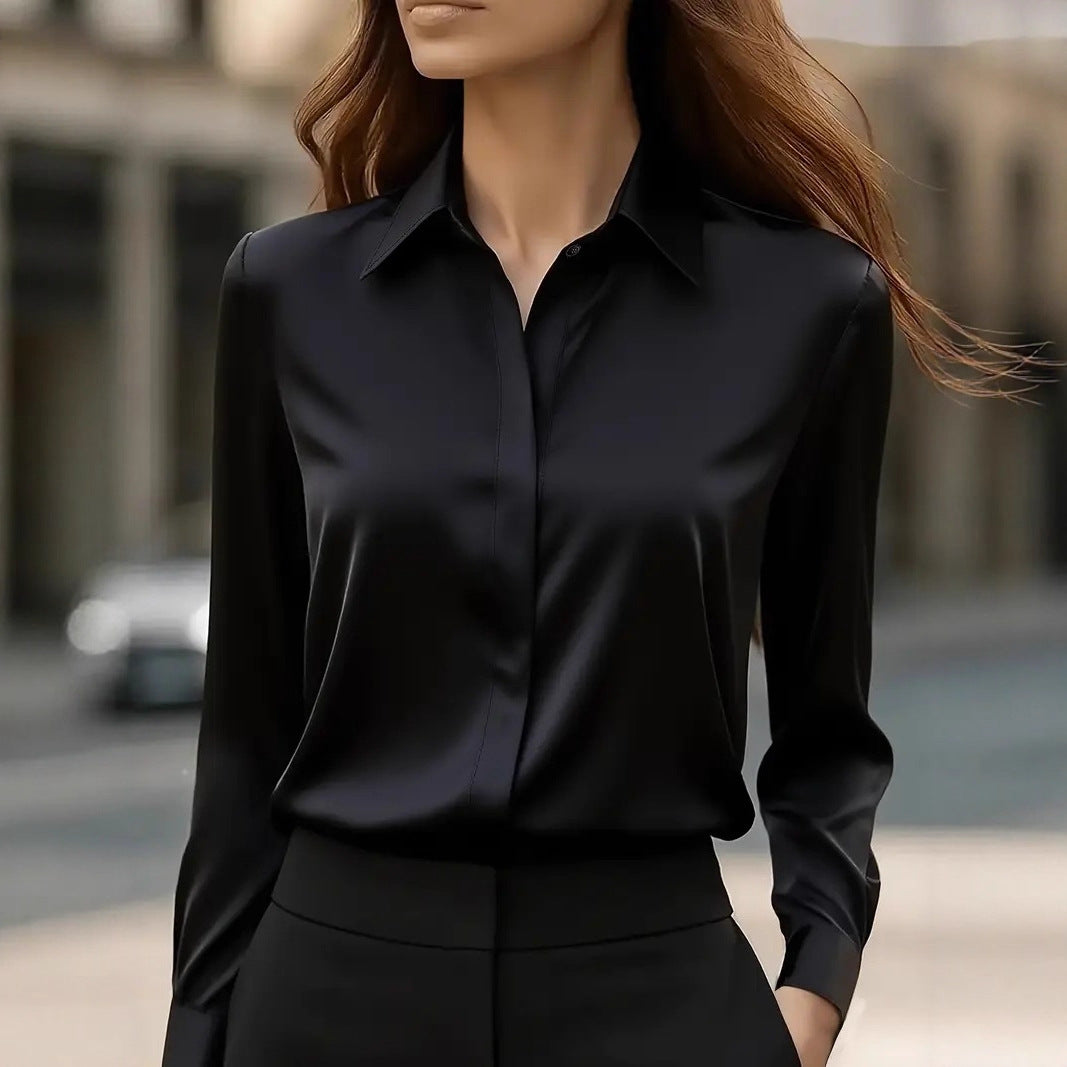 Satin Blouse with Long Sleeve Lapel Design for Effortless Elegance