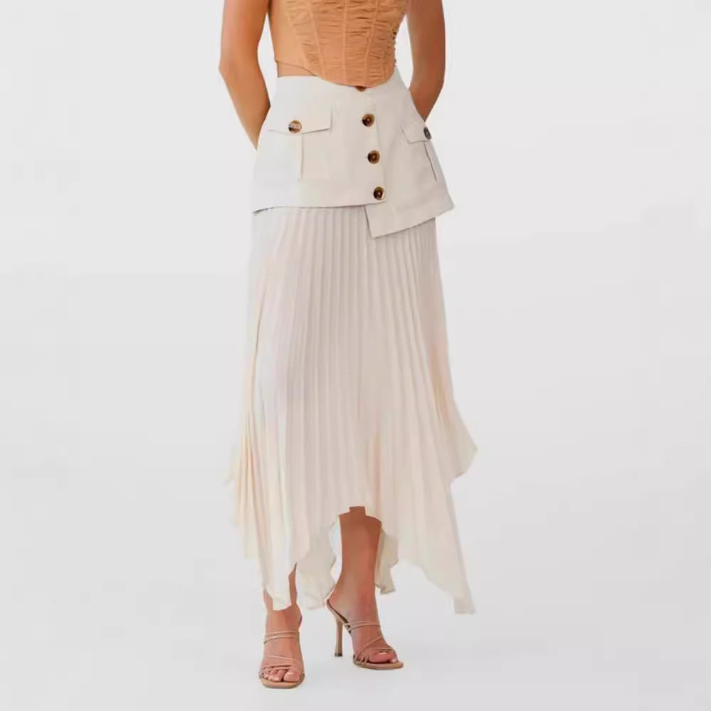 Pleated Skirt with Multi-button Pocket Design for Versatile Styling
