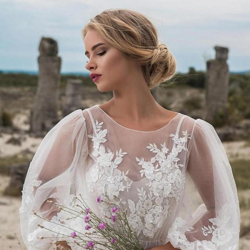 Round Collar Gauze Embroidered Dress with Elegant Long Sleeves