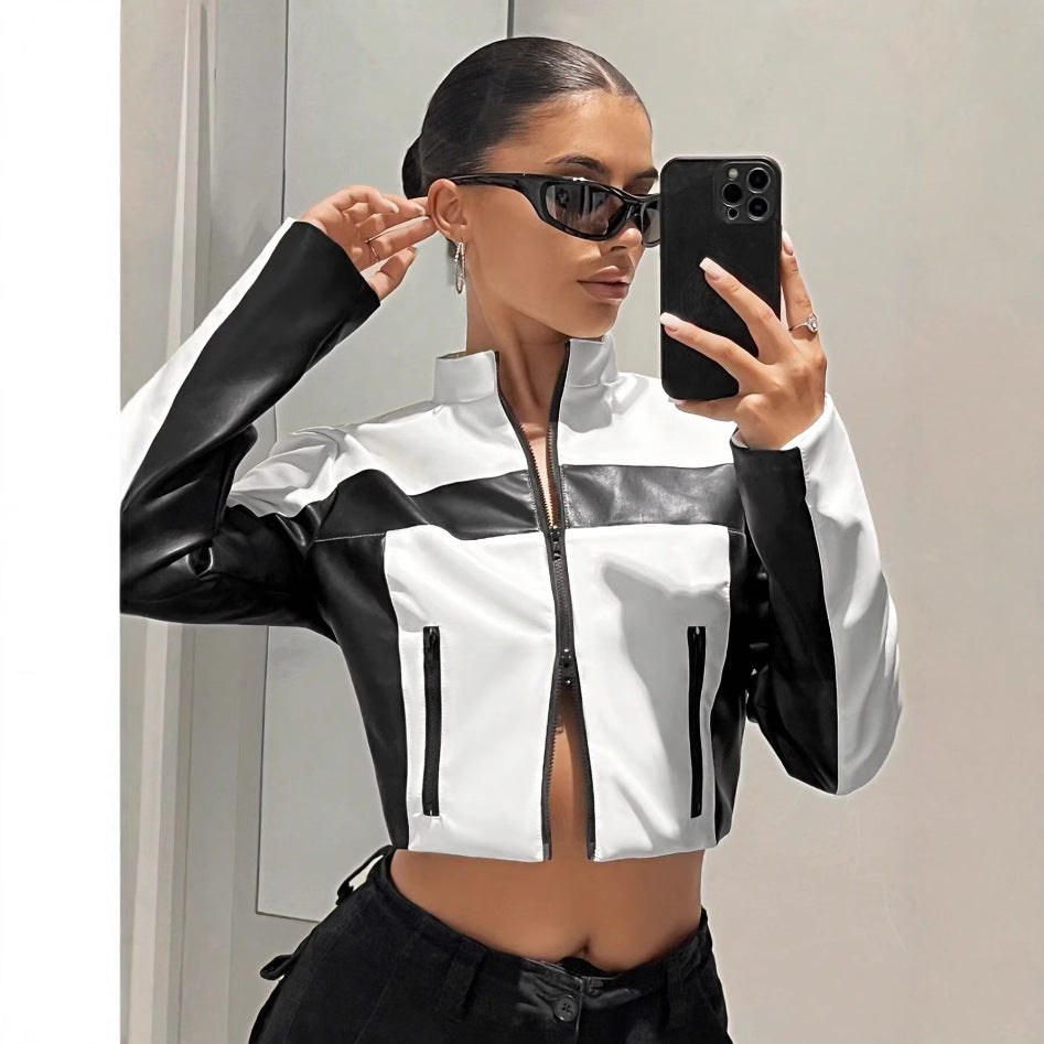 Black and White Contrast Color Leather Jacket with Zipper Closure