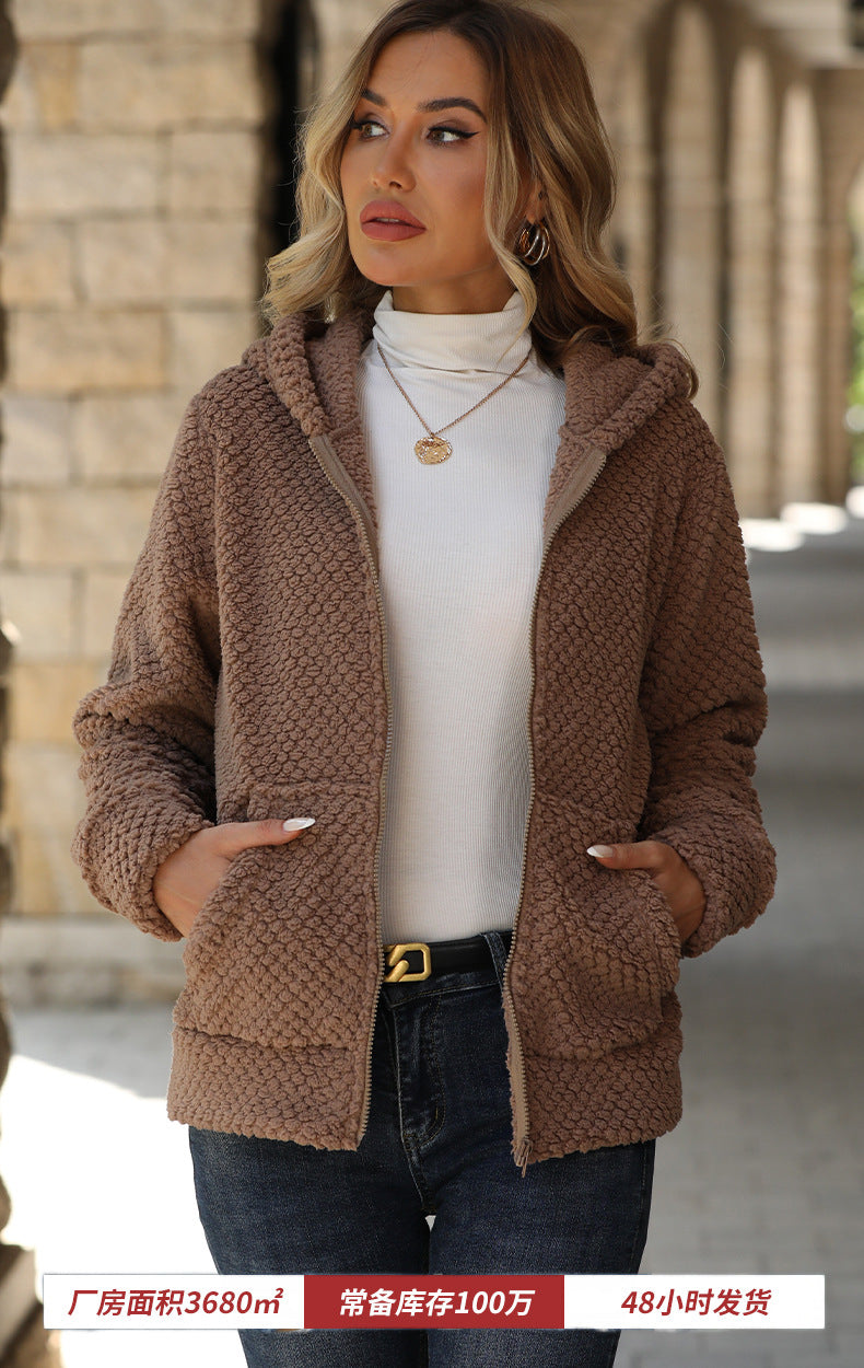 Loose Pocket Hooded Zipper Plush Jacket for Autumn and Winter