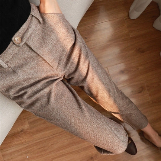 Herringbone Woolen Trousers with High Waist Slim Fit Design