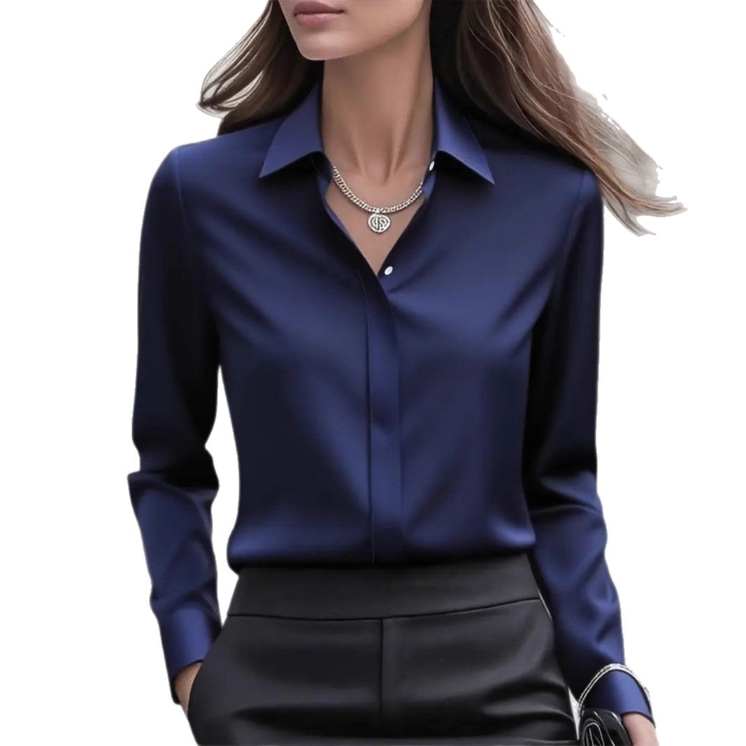 Satin Blouse with Long Sleeve Lapel Design for Effortless Elegance