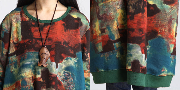 Casual Cotton and Linen Printed Long-sleeved Dress with Floral Pattern