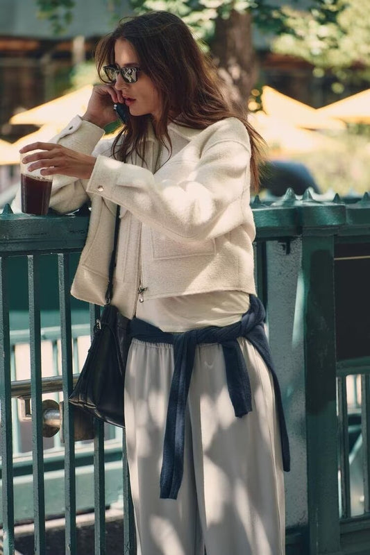 Beaded Leather Jacket with Large Pockets and Lapel Style