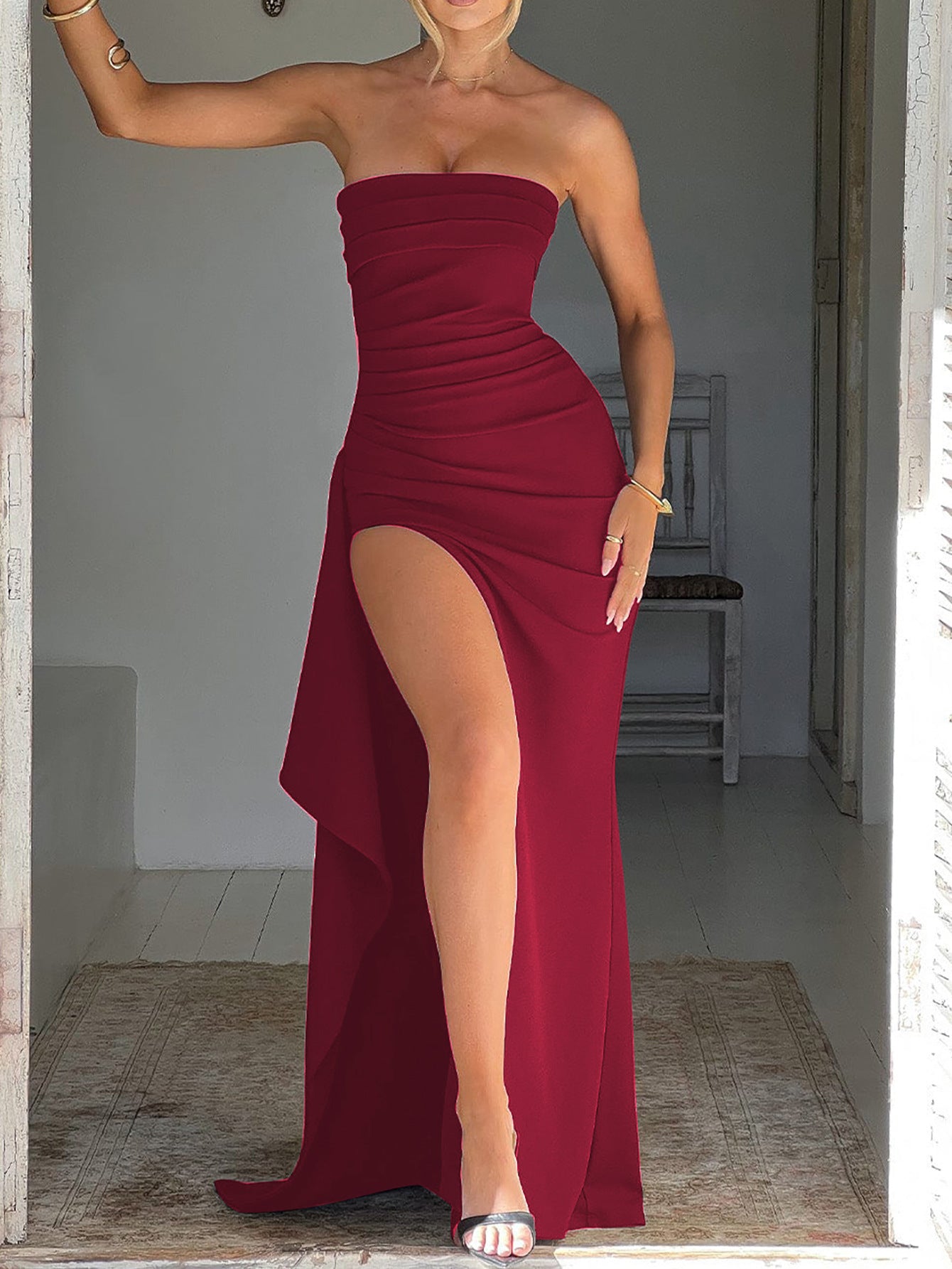 Evening Gown with High Slit and Strapless Backless Design