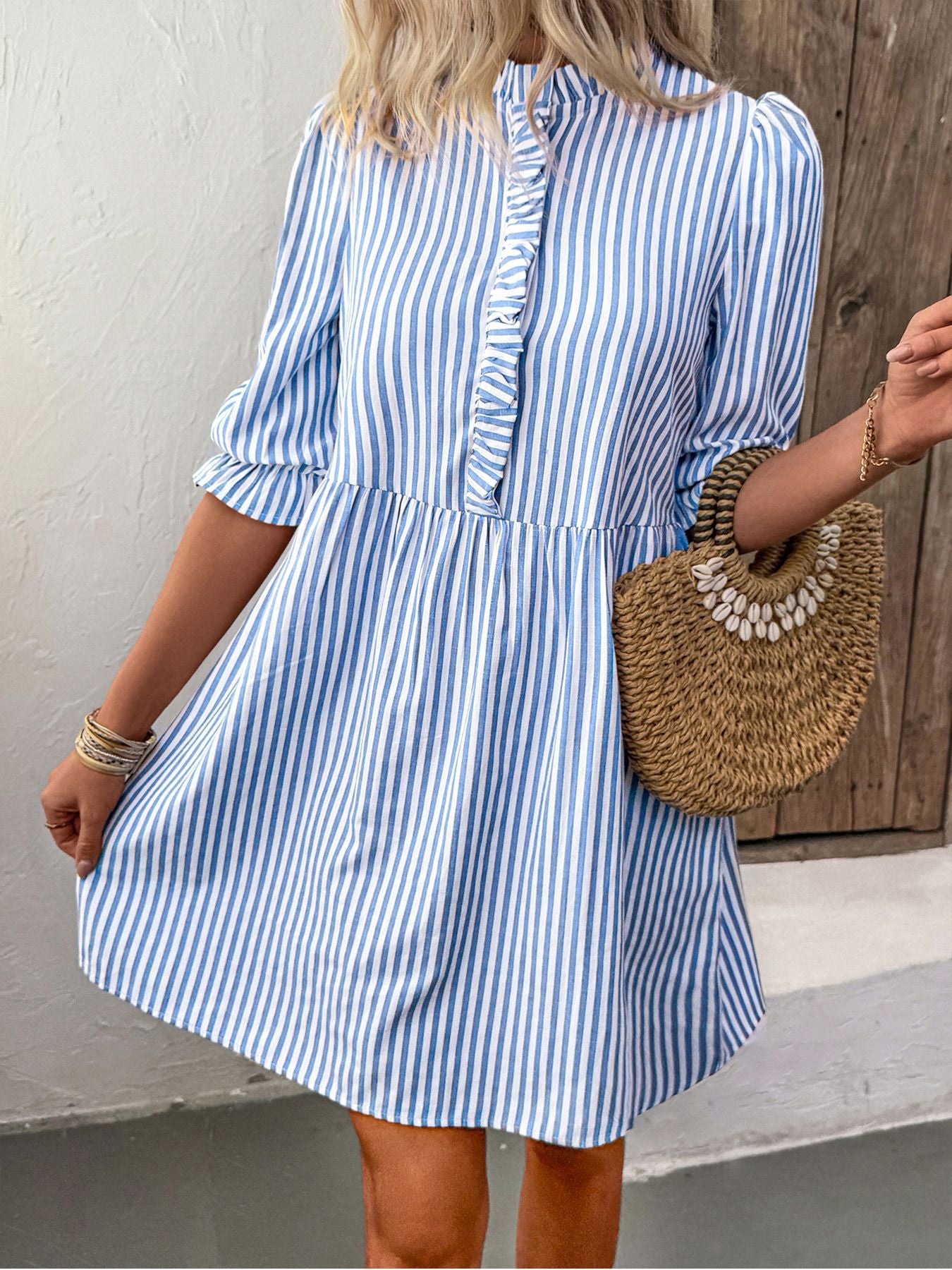 Puff Sleeve Stand Collar Striped Dress with A-Line Skirt Style