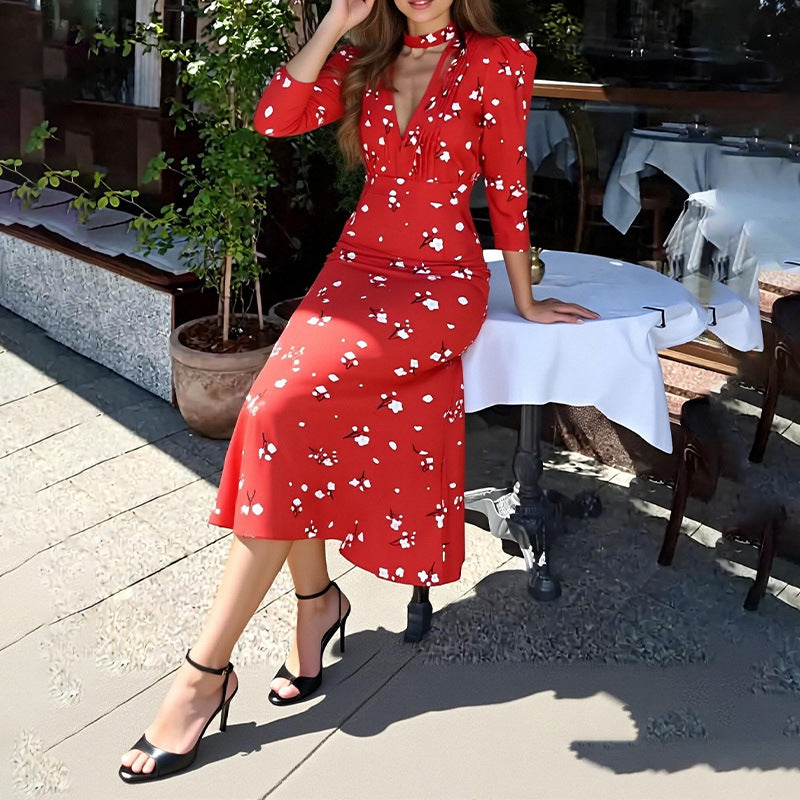 Casual Elegant V-neck Printed Dress with A-line Skirt Style