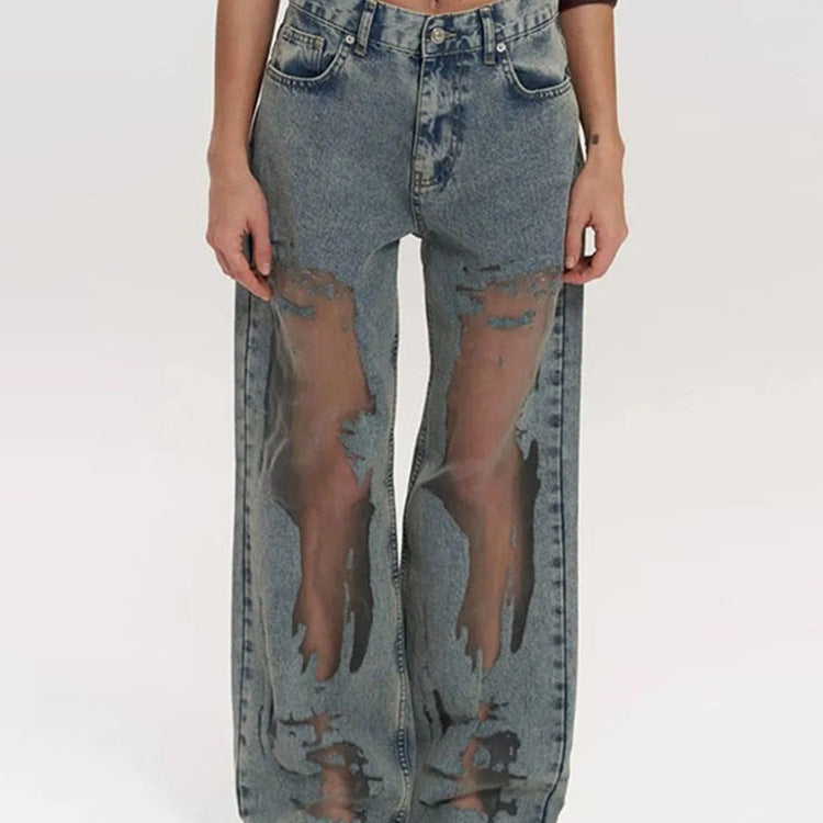 Retro Straight-leg Jeans with Unique Hollow Texture Design