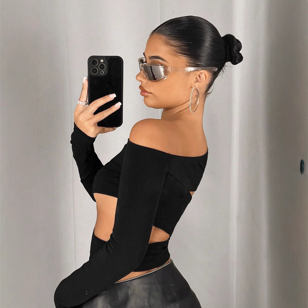 Slim Fit Off-the-Shoulder Navel T-Shirt with Irregular Design