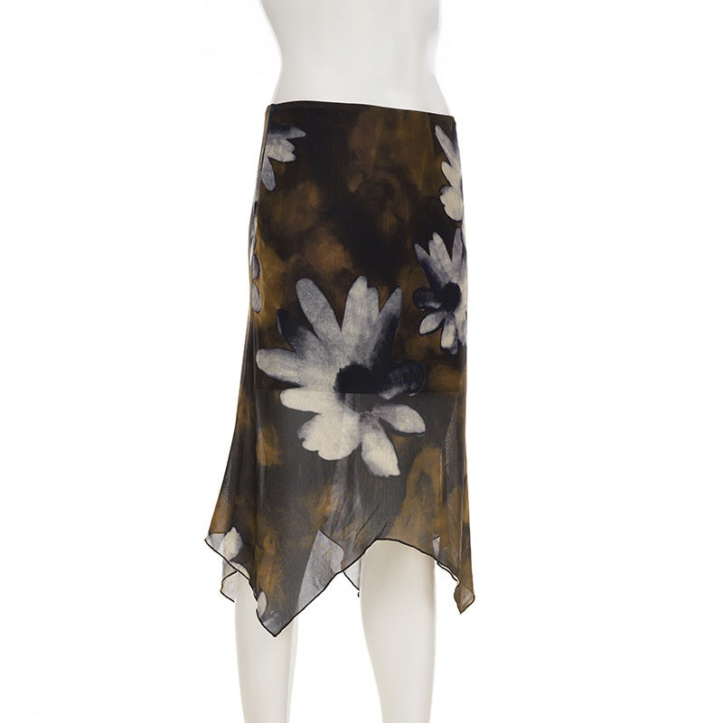 Floral Printed Mesh Asymmetric Skirt with Unique Street Fashion Style