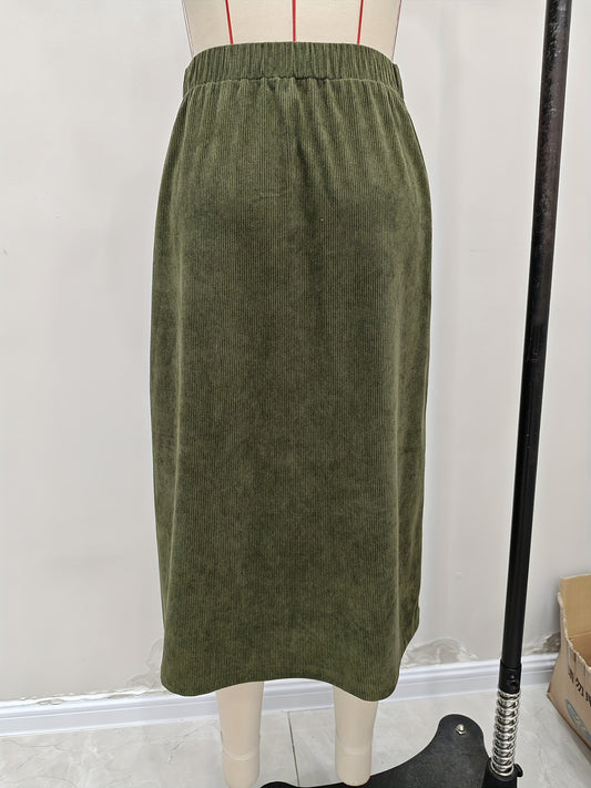 Mid-Length Skirt with Elastic Waist and Patch Pocket Design