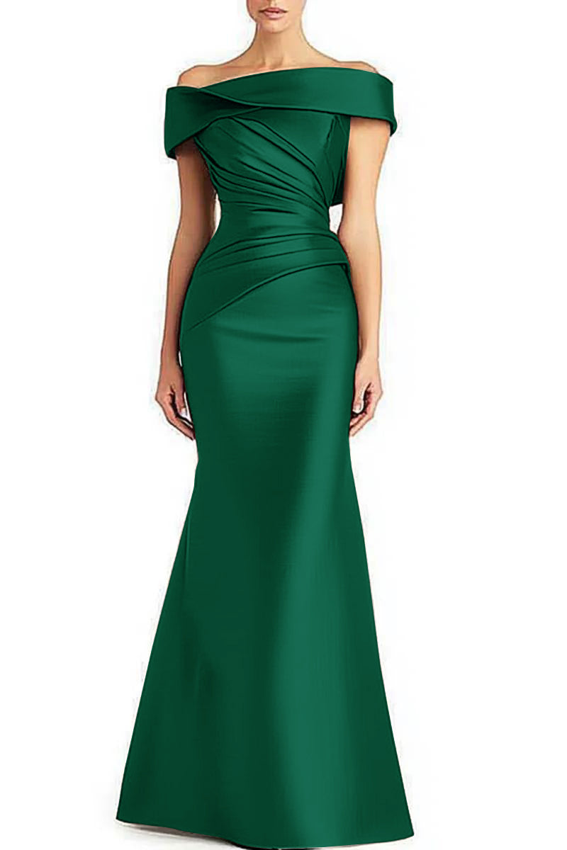 Evening Formal Dress with Pleated Off-Shoulder Elegance