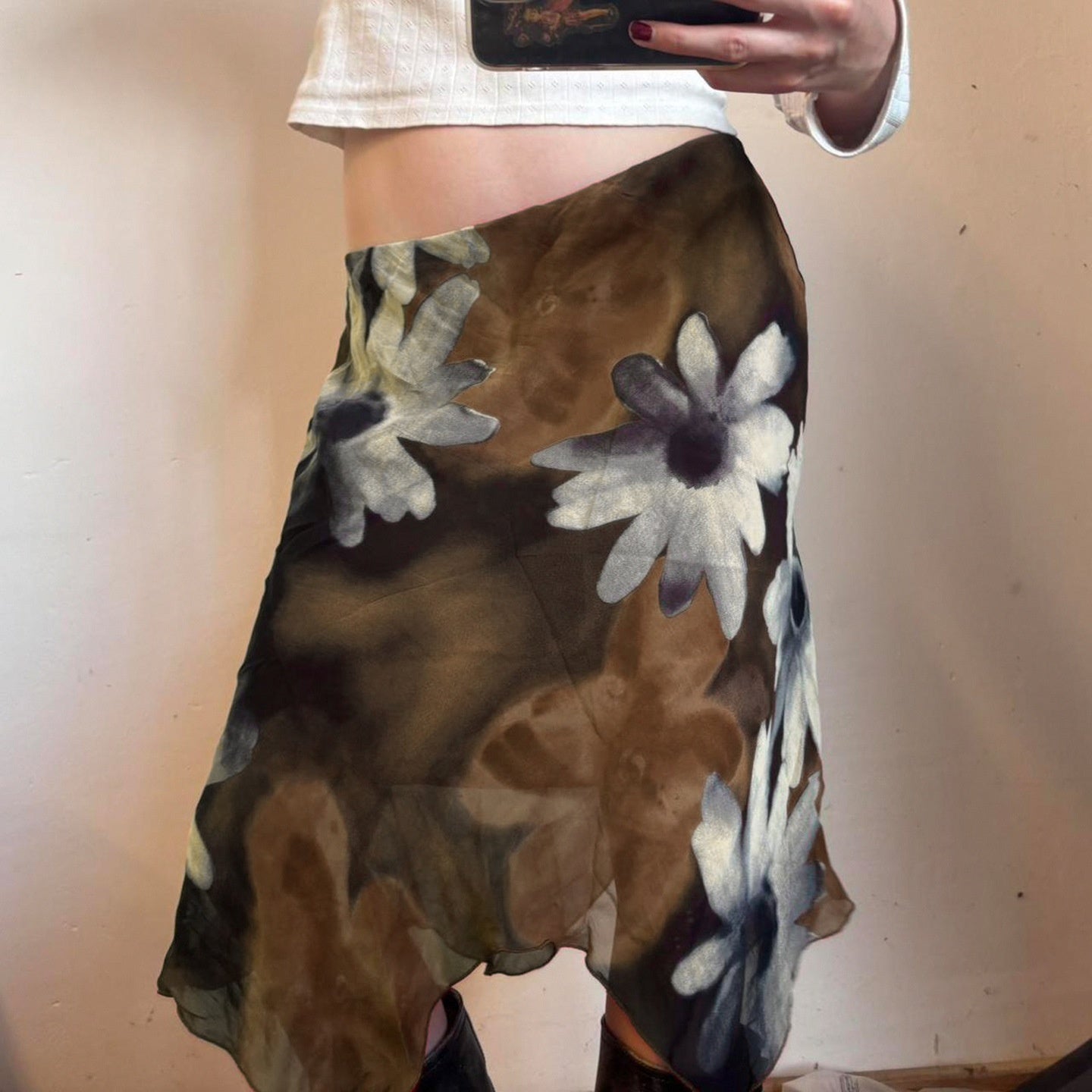 Floral Printed Mesh Asymmetric Skirt with Unique Street Fashion Style