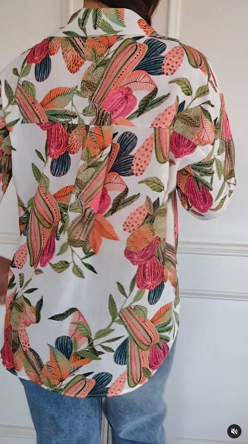 Casual Print Shirt Top with Floral Patterns and Long Sleeves