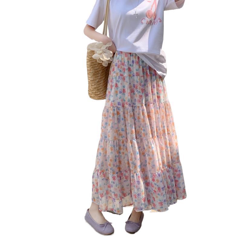 A-Line Chiffon Floral Skirt with Colorful Print Style