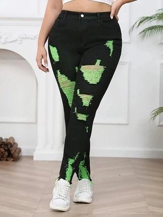 Denim Trousers with Ripped Contrast Colors for Street Fashion Style