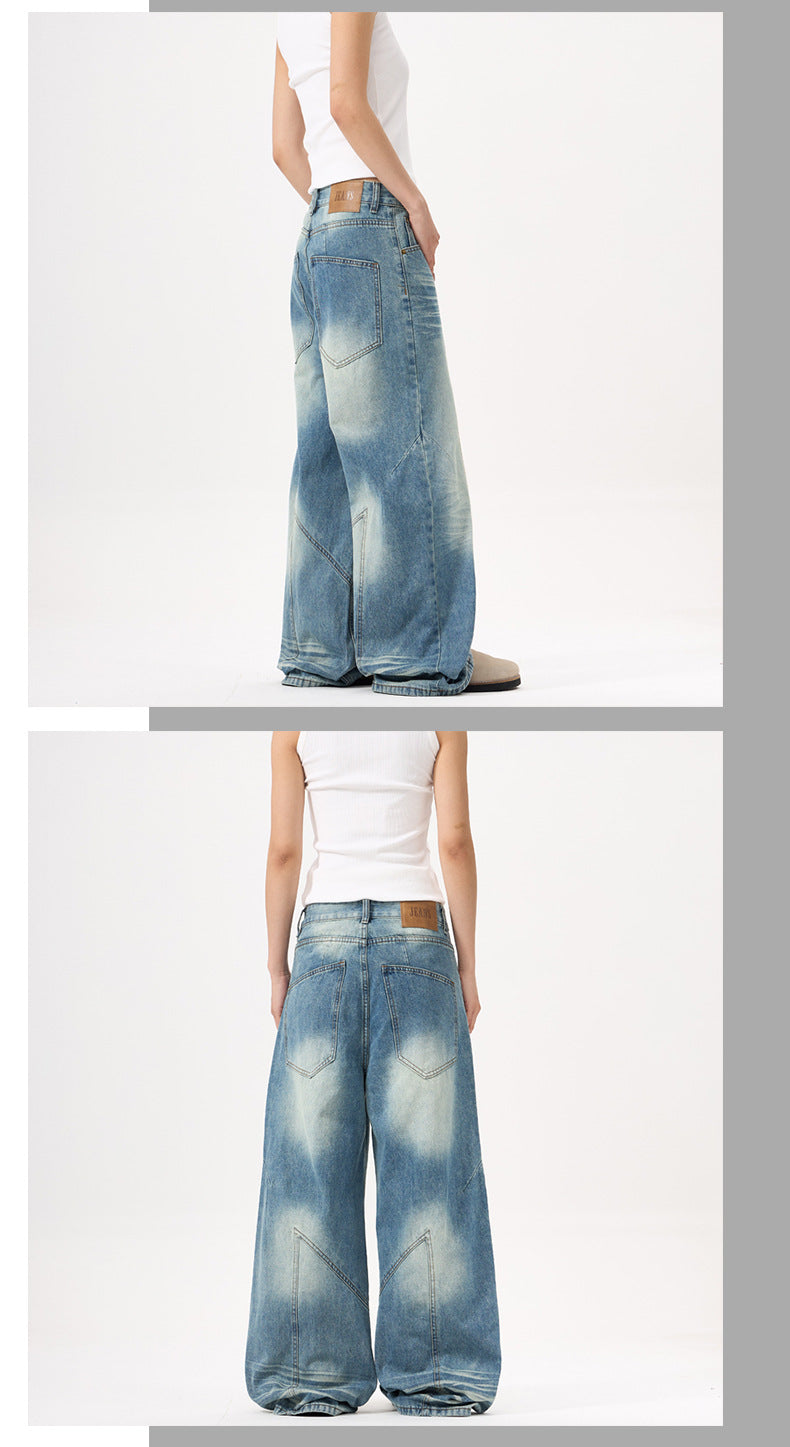 Wide-leg Blue Jeans with Deconstruct Stitching for Trendy Style