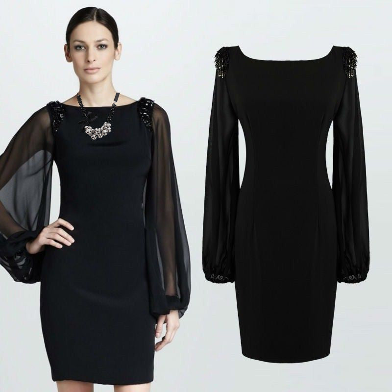 Chiffon Long Sleeve Dress with Beaded Detail for Elegant Occasions