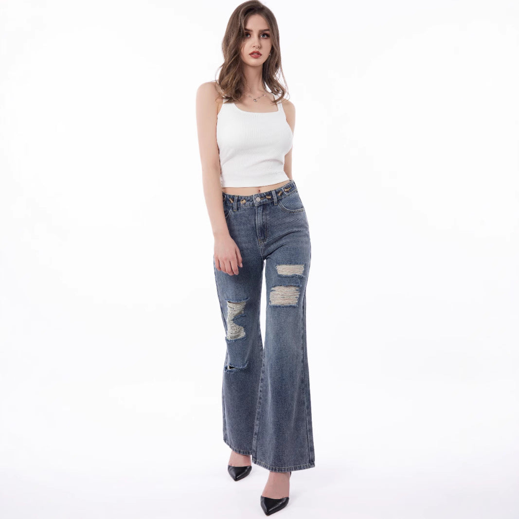 Retro Large Size Wide-Leg Jeans with Worn Distressed Style