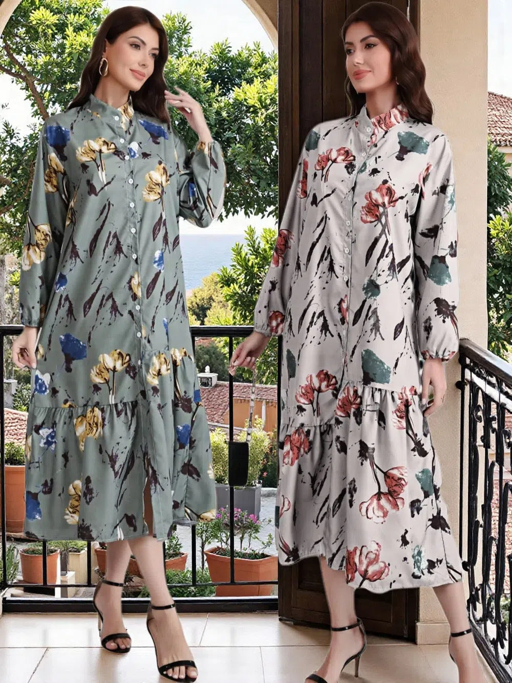 Floral Print Long Dress with Comfortable Cotton-Linen Blend Fabric