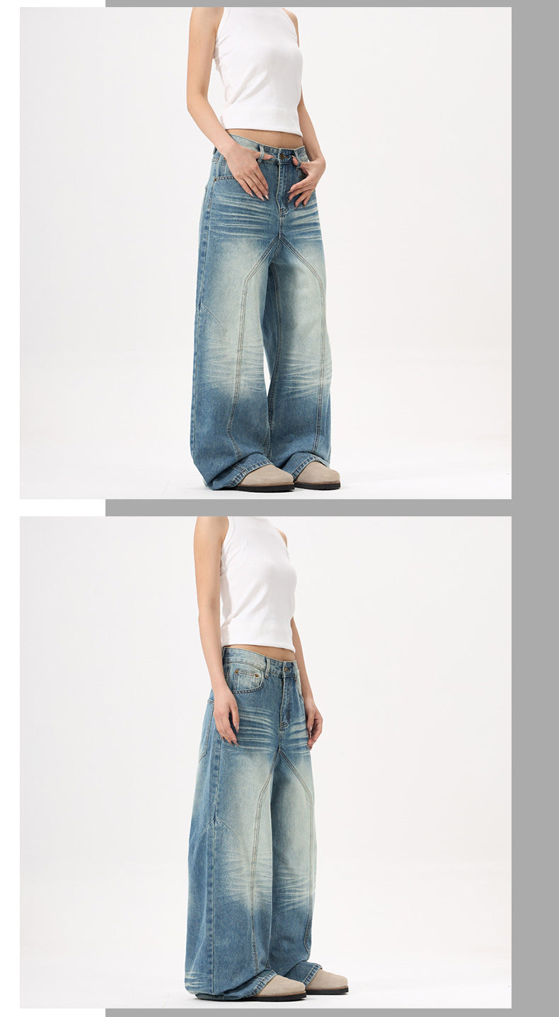 Wide-leg Blue Jeans with Deconstruct Stitching for Trendy Style