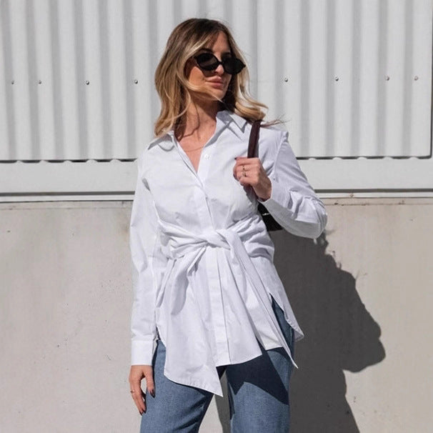 Cotton Blouse with Lace-up Waist Trimming for Casual Style