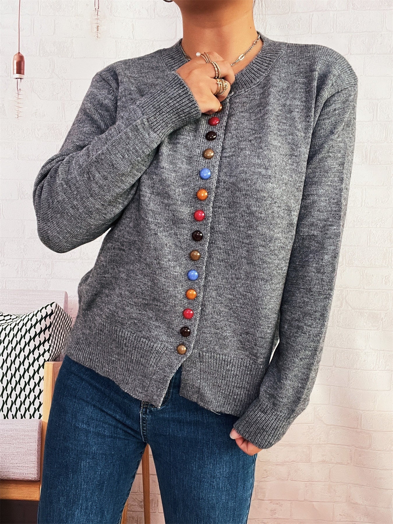 Simple Commute Color Button Single-breasted Knitted Cardigan Sweater Coat