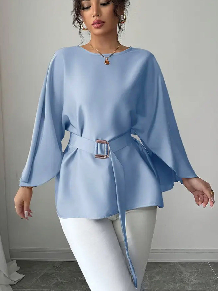 Solid Color Flared Half Sleeve Shirt with Bell Sleeve Design
