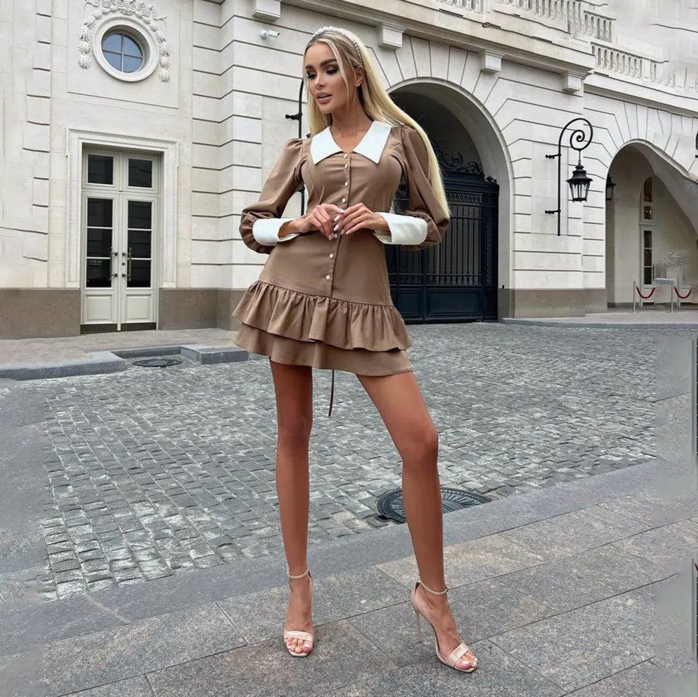 A-line Dress with Lace-up Waist and Ruffled Contrast Details