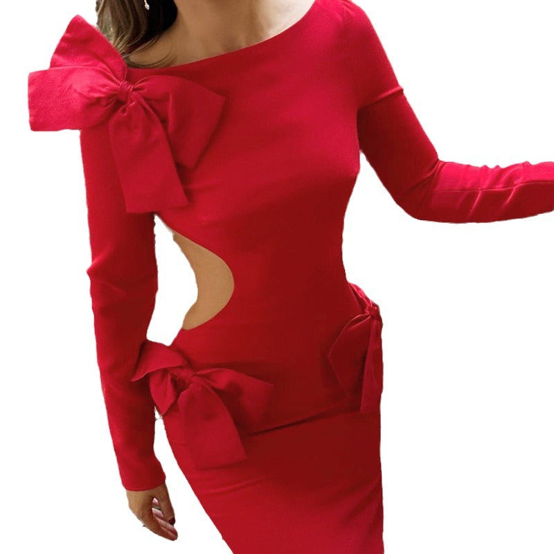 Slim-fit Sheath Dress with Bow Detail and Open Back Design
