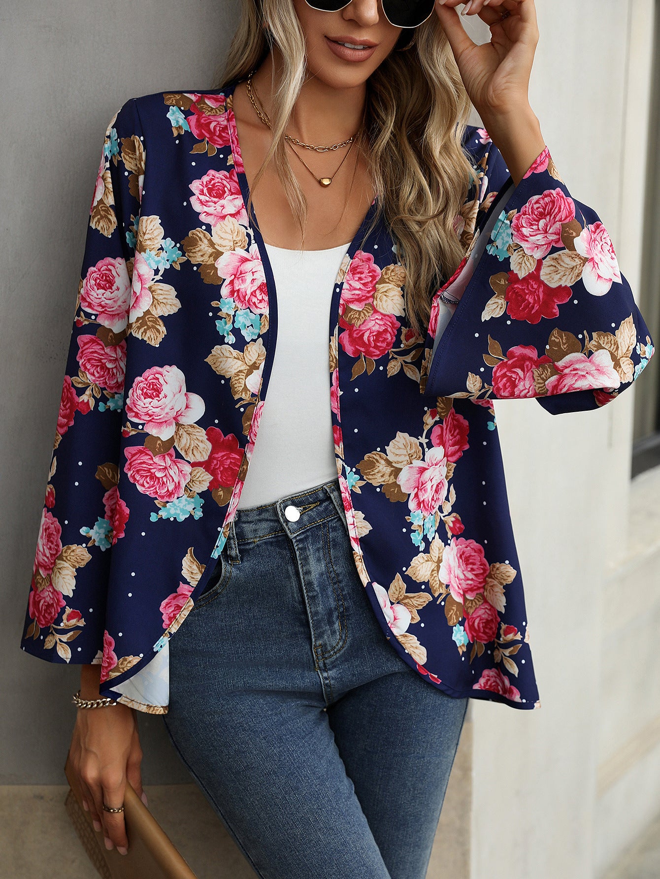 V-neck Floral Bell Sleeve Blouse with Casual Style and Print Design