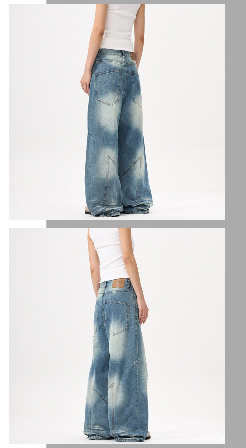 Wide-leg Blue Jeans with Deconstruct Stitching for Trendy Style