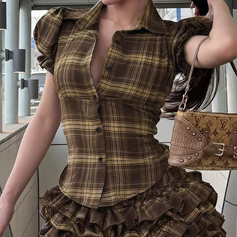 Plaid Pleated Slim-fit Tutu Skirt with Contrast Color Design