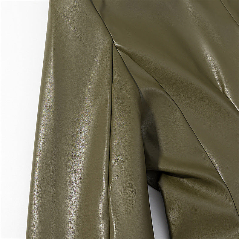 Long-sleeved V-neck Leather Jacket with Stylish Contrast Colors