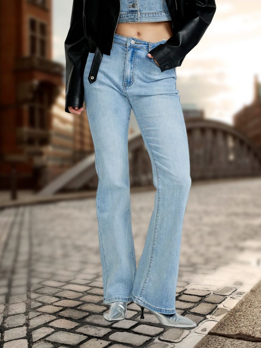 Mid-waist Retro Denim Bell-bottom Pants with Stretch Fabric Design