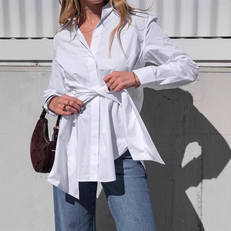 Cotton Blouse with Lace-up Waist Trimming for Casual Style