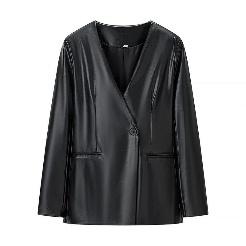 Long-sleeved V-neck Leather Jacket with Stylish Contrast Colors