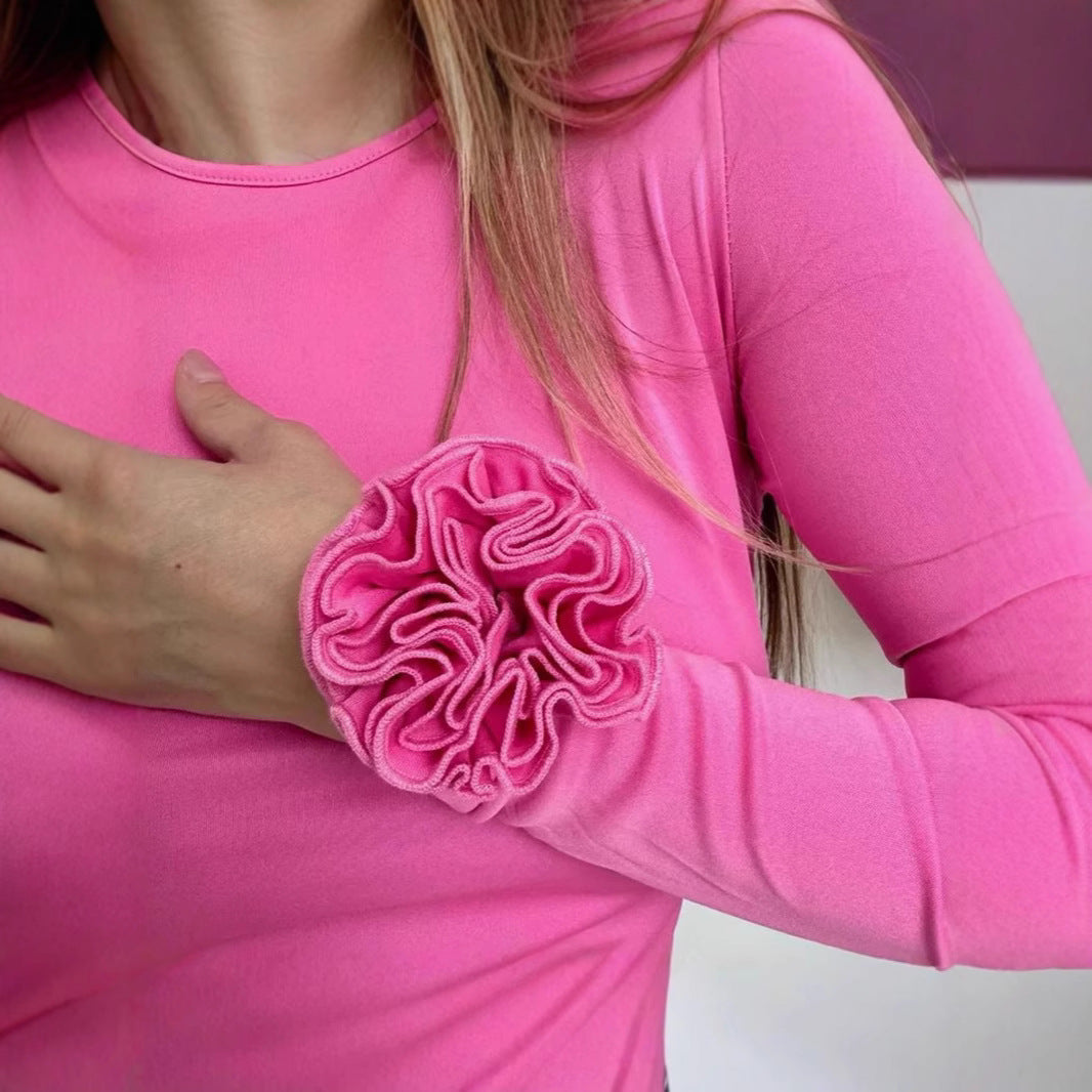 Floral Long Sleeve Slim-fit Tops with Charming 3D Design