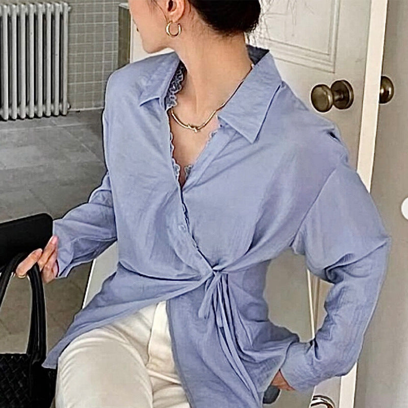 Blue Long Sleeved Shirt with Lace-up Cardigan Style
