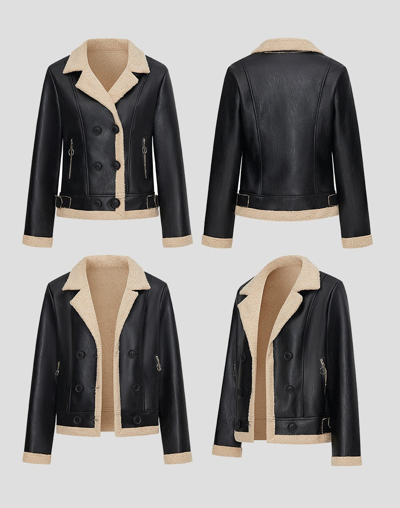 Fleece Padded Leather Coat with Fur Collar Alternative Styling