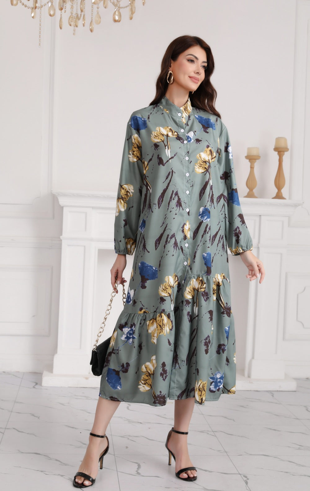 Floral Print Long Dress with Comfortable Cotton-Linen Blend Fabric