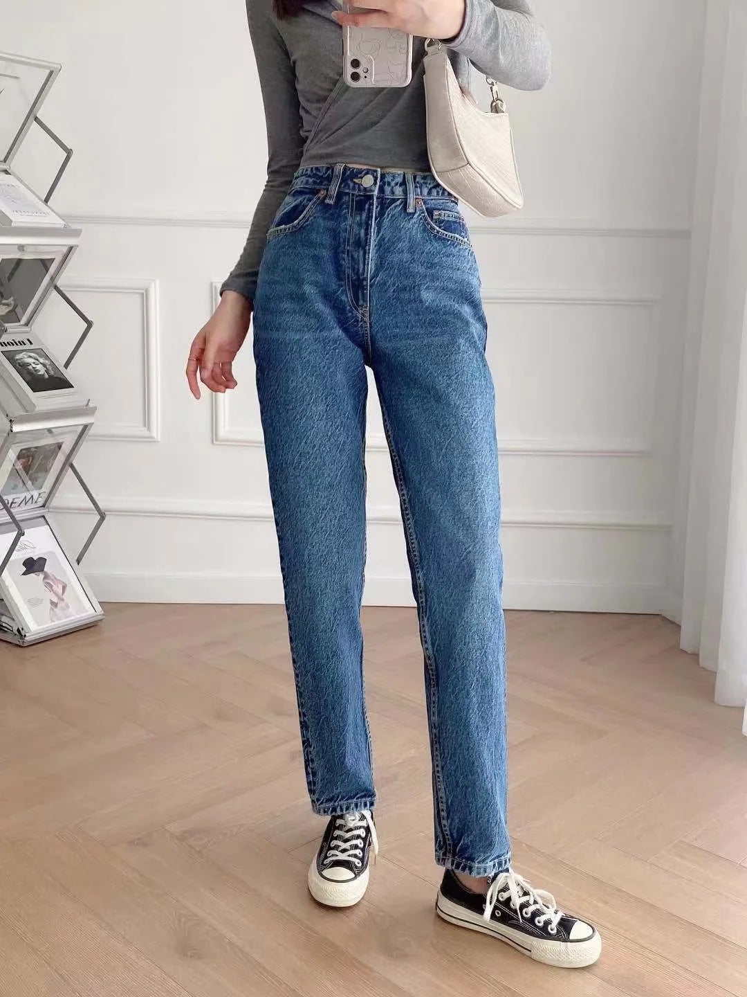 High Waist Loose Casual Denim Trousers with Straight-Leg Style
