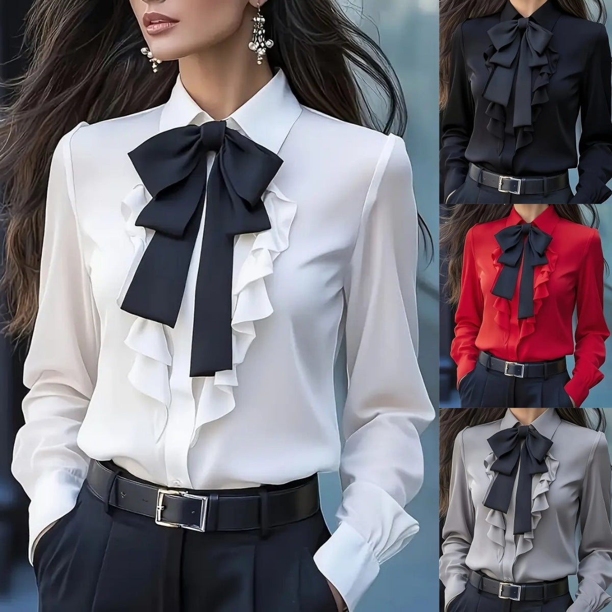 Ruffled Design Shirt with Tied Bow for Chic Style