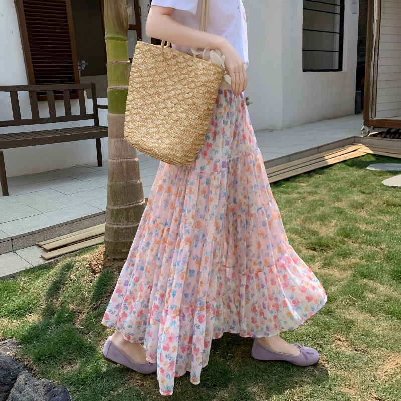 A-Line Chiffon Floral Skirt with Colorful Print Style