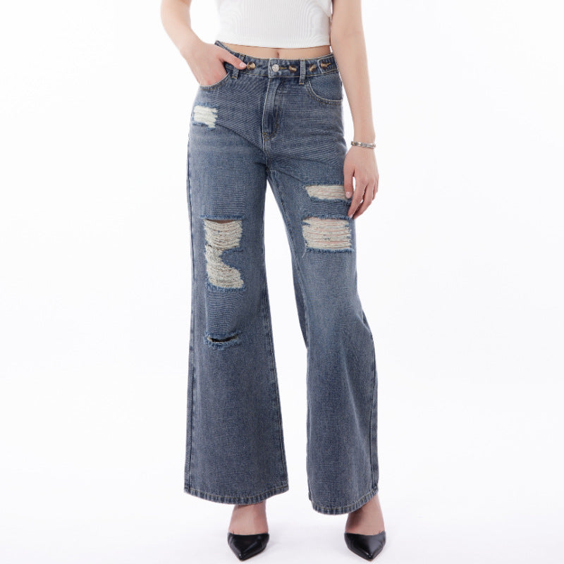 Retro Large Size Wide-Leg Jeans with Worn Distressed Style